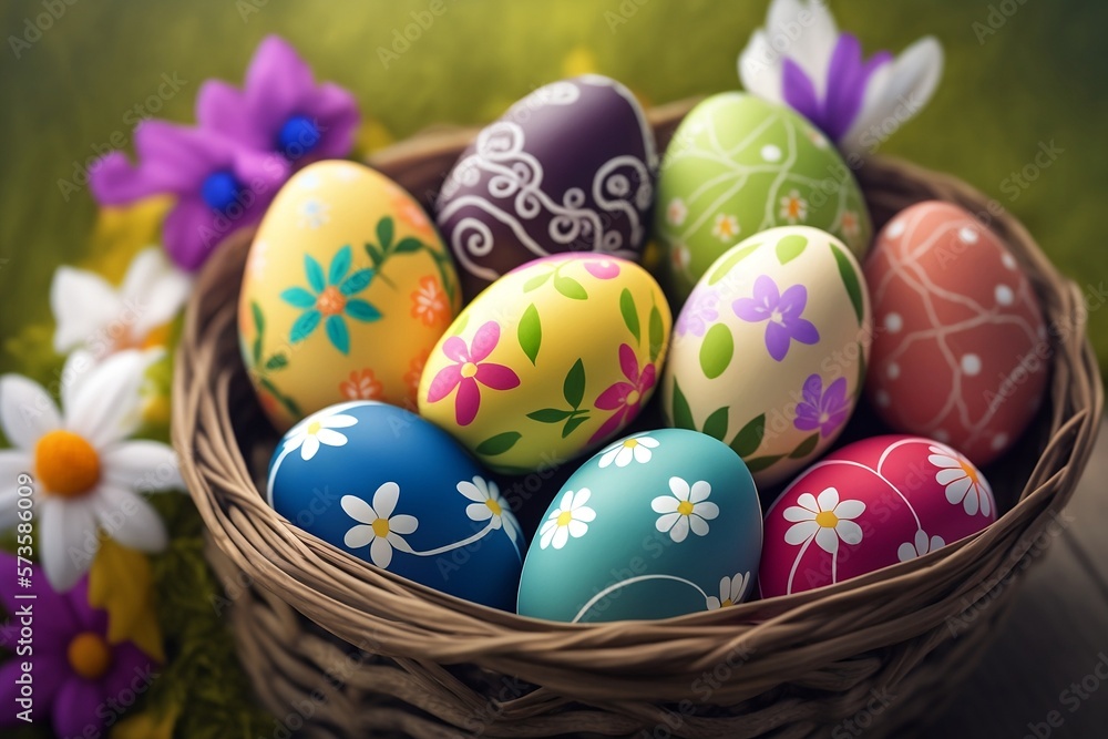 Colorful Easter Eggs in a Basket on Grass, Generative AI Colorful Easter Eggs in a Basket on Grass, Generative AI