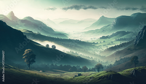 a misty valley with rolling hills and a distant mountain rang - Generative AI