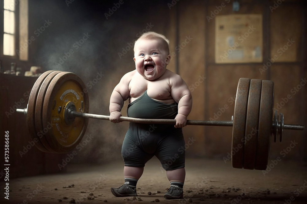 An Little Strong Smiling Baby Boy Lifts A Very Heavy Barbell AI 