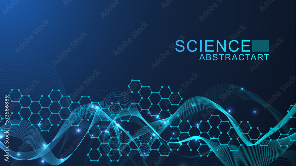 Modern science background with lines, dots and hexagons. Wave flow