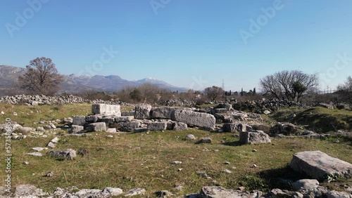 Roman town Doclea, ancient locality in Montenegro, drone aerial view, Church of St. Tome photo