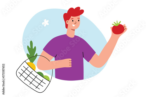 Smiling man buying vegetables in supermarket, holding basket with fruits and vegetables, tomato and beet doodle icons, vector illustration of male person in farmer market, healthy lifestyle