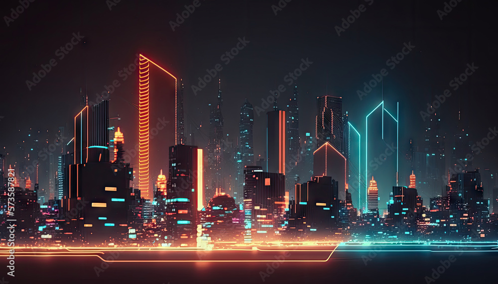 Night city Cyber punk landscape concept. Light glowing on dark scene. Night life. Technology network for 5g. Beyond generation and futuristic of Sci-Fi Capital city and building scene. Generative AI. - obrazy, fototapety, plakaty 