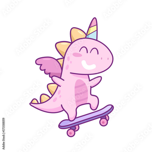 Cute Dinosaur Unicorn ride on skate board. Caroon Dinosaur or Unicorn with skate board. Funny Baby Dinocorn for kids print design. Isolated vector illustrator