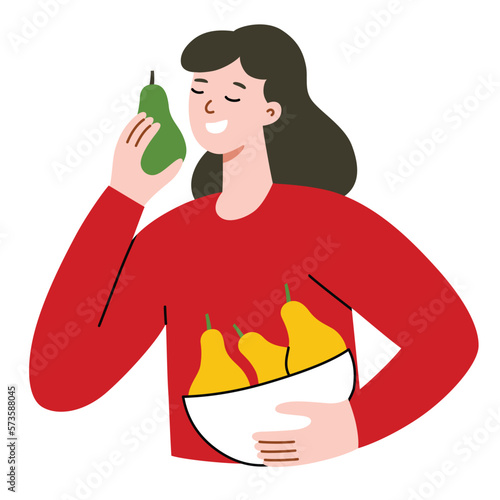 Woman eating pear, fruit bowl icon, vector illustration of healthy diet and lifestyle, doodle fruits, happy vegetarian girl holding pear, isolated colored clipart on white background