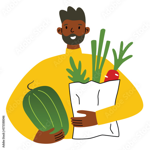 Man with fruits and vegetables, holding watermelon and carrot icons, vector illustration of person carrying paper bag with lettuce and pineapple, farm market drawing, healthy organic food