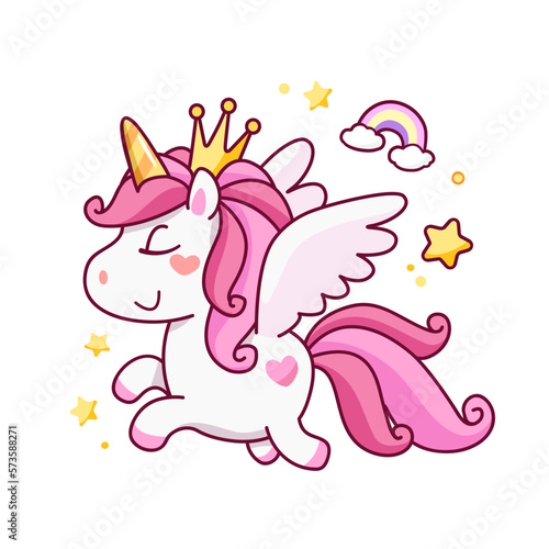 Baby Unicorn with wings. Cartoon Unicorn with piurple hair and rainbow horn. Baby Pony for kids print design on tee shirt or pajamas