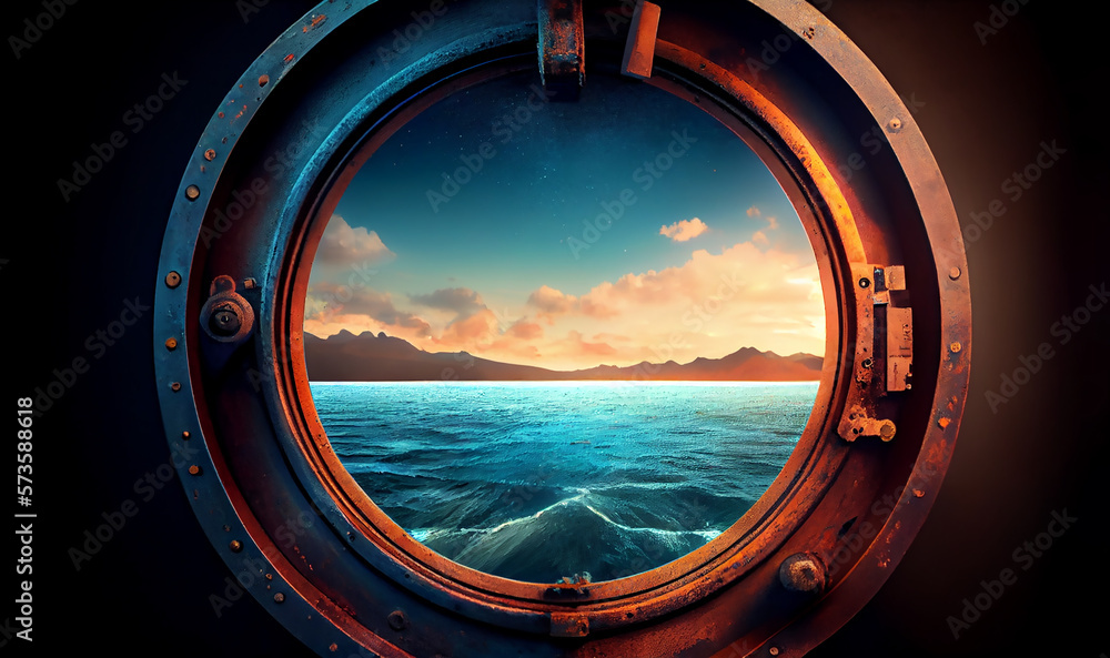 Stock-illustrationen Porthole with ocean view. View of the silent sea