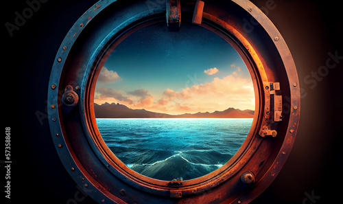 Porthole with ocean view. View of the silent sea surface through a rusty porthole of the ship. Old ship cabin window. Generative AI.