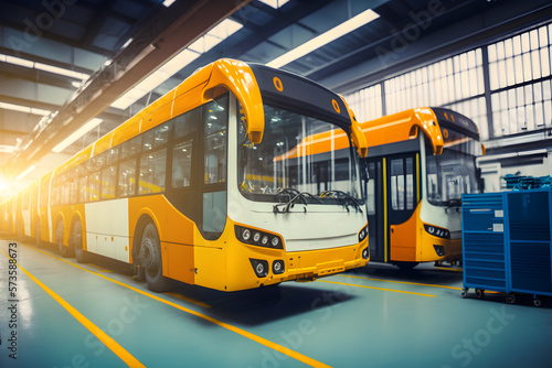 Bus assembly at the factory. Several finished yellow buses ready to use ready in the hangar. Generative AI