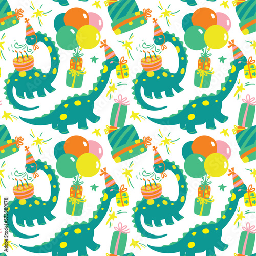 Cute dinosaur at happy birthday party. Balloons  cake  candles and boxes with gifts. Seamless pattern. Vector.