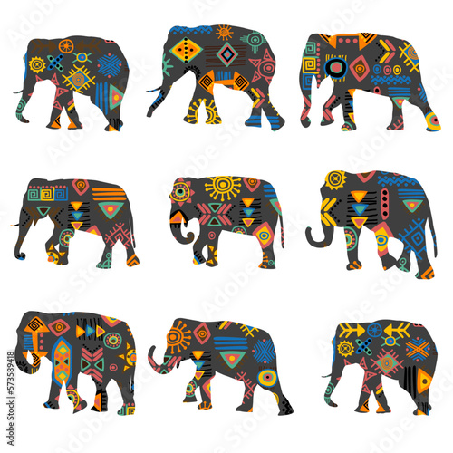 Set of colorful elephants with ethnic symbols pattern