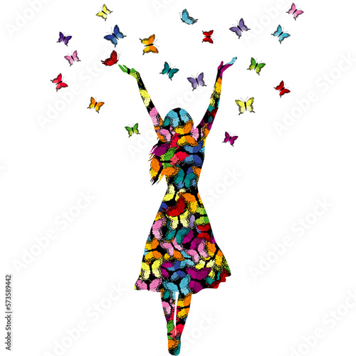 Woman enjoying life with raised arms and colored butterflies flying around her