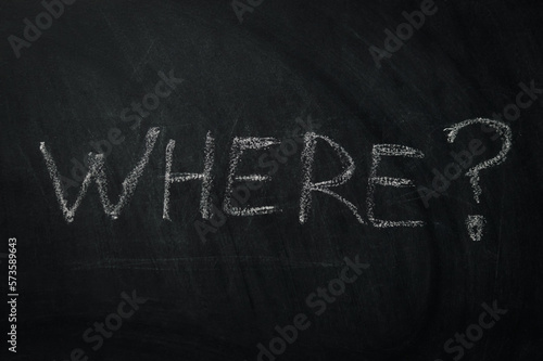 Where ? The word where written in chalk on a blackboard - one of the essential questions in journalism and communication