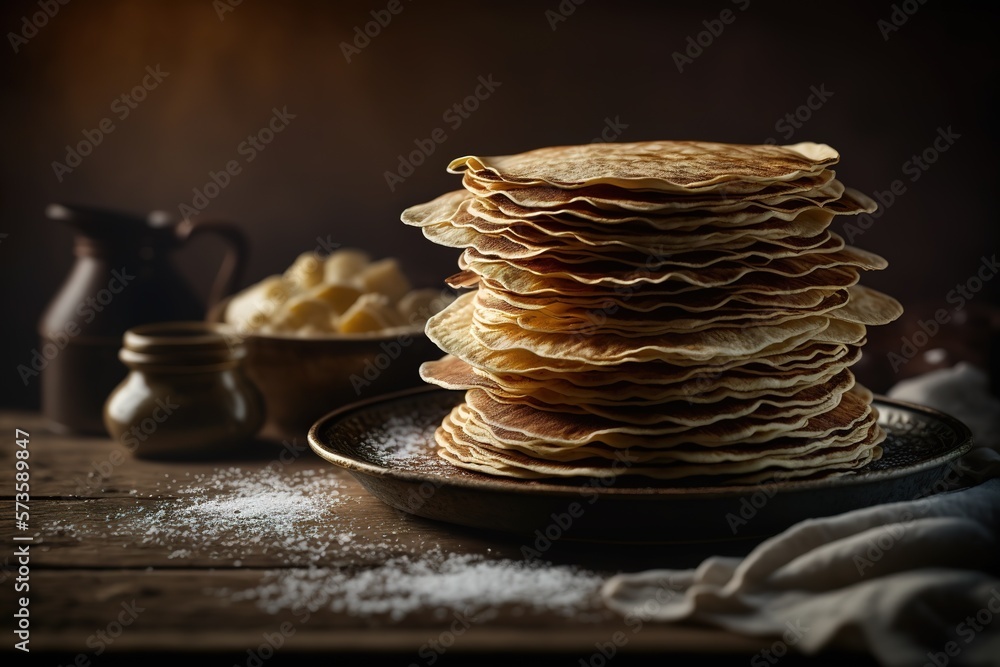 Home cooking pancake stack for Shrovetide holiday, family day, pancakes with syrup and honey on soda, sunshine, homemade. Generative AI Home cooking pancake stack for Shrovetide holiday, family day, pancakes with syrup and honey on soda, sunshine, homemade. Generative AI