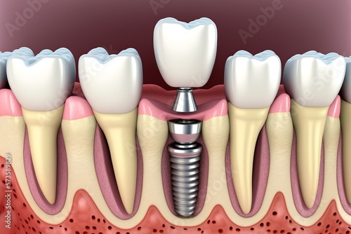 Dental implantation, teeth with implant screw. Generative AI 