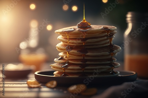 Fotografia Home cooking pancake stack for Shrovetide holiday, family day, pancakes with syrup and honey on soda, sunshine, homemade