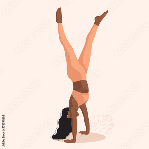 Handstand pose.Portrait beautiful girl doing yoga.Adho mukha vrikshasana.Beige colors.Post,print,banner.Modern flat vector illustration.