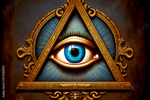 masonic symbol in form of all-seeing eye on triangle, generative ai photo