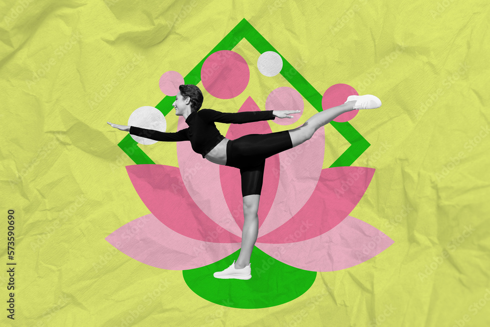Creative collage 3d photo illustration of happy positive young slim girl flying flexible stretching isolated on painted background Creative collage 3d photo illustration of happy positive young slim girl flying flexible stretching isolated on painted background