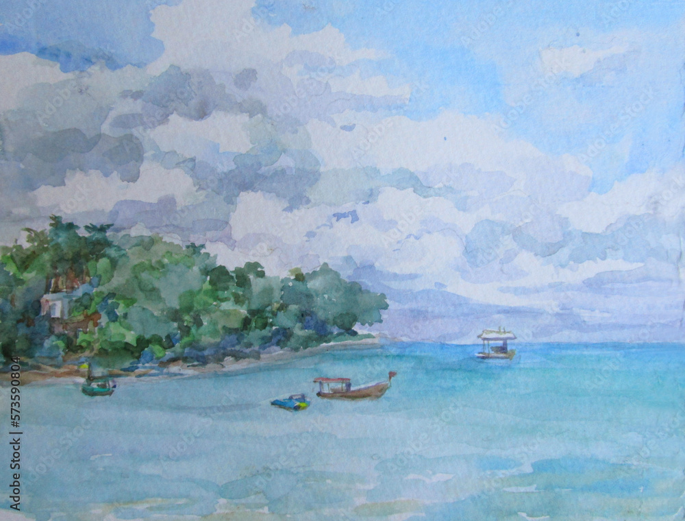 Thailand sea and boats near the coast in summer. Watercolor painting 