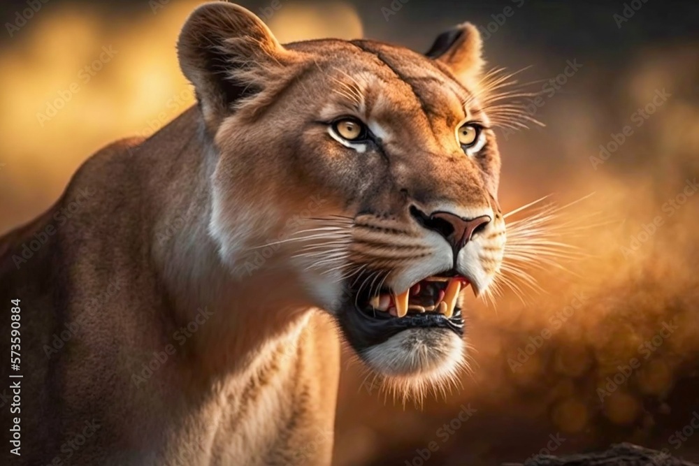 Lioness in Africa savannah. Generative AI Lioness in Africa savannah. Generative AI