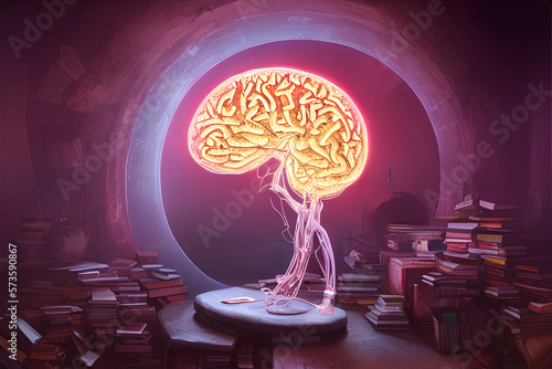 brain filled with knowledge and creativity, light bulb, books, brain, created with Generative AI