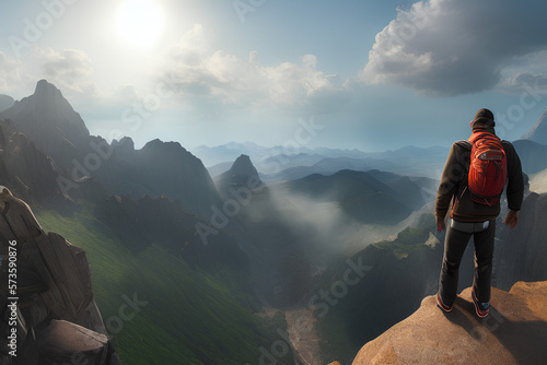 hiker on top of mountain, mountain peak with misty clouds, created with Generative AI