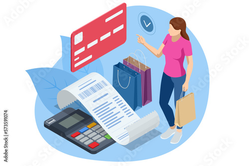 Payment Machine or POS Terminal with receipt records, design template of bill ATM, paper financial check for mockup. Isometric online payment, banking and online shopping