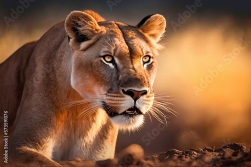 Lioness in Africa savannah. Generative AI © Scrudje