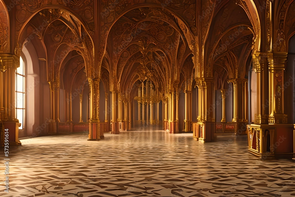 A Realistic Fantasy Interior Of The Royal Palace. Golden Red Palace. Castle  Interior. Fiction Backdrop. Concept Art. Generative AI Stock Illustration