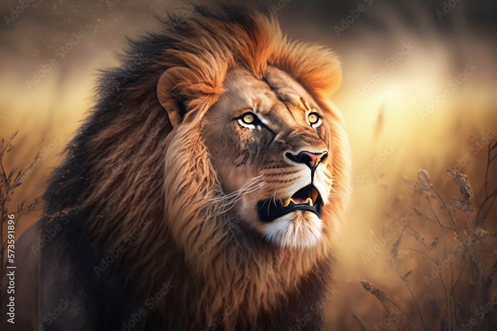 Fototapeta premium Lion in Africa closeup. Generative AI