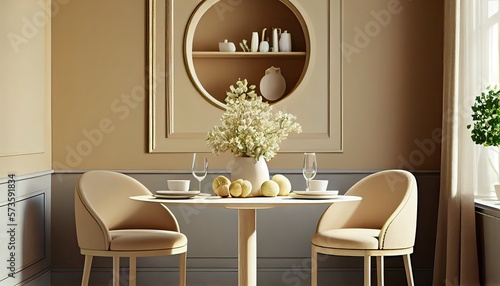 Interior Design. Dining room in warm beige tones with window. Round table and round chairs. Decorstion and flowers. Generative AI photo