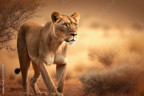 Lioness in Africa savannah. Generative AI