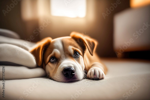 A cute young red dog lies on a plaid and is bored. AI generated. © Laura Pashkevich