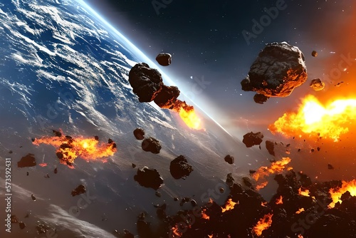 Asteroid Impact. End Of World. Judgment Day. Group Of Burning Exploding Asteroids From Deep Space Approaches To Planet Earth. Technology. Generative AI © Pixel Matrix
