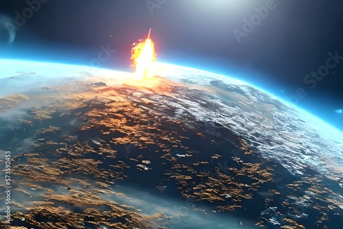 Asteroid Impact. End Of World. Judgment Day. Group Of Burning Exploding Asteroids From Deep Space Approaches To Planet Earth. Technology. Generative AI