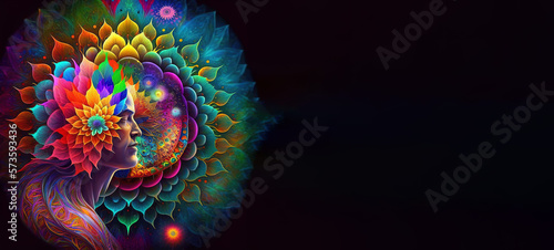 Chakra blooming colorful, pineal gland opening like a flower, third chakra, copy text, soul, sacred geometry, spiritual esoteric concept, astral, spirituality, meditation, generative ai photo