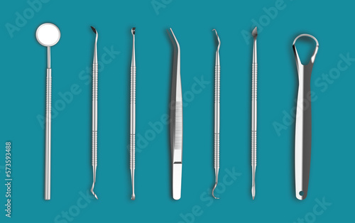 Dentist tools set on green background, vector illustration
