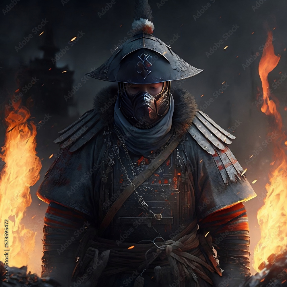 Naklejka premium Portrait of a warrior in a suit, night, fire 