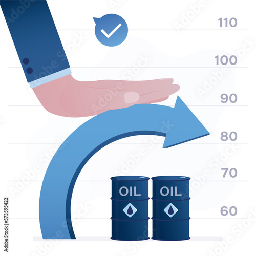 Politician hand presses arrow down. Decline in oil and gas prices. Fuel price ceiling. Limiting the rise in energy prices. Human arm prevents huge arrow from growing upwards.