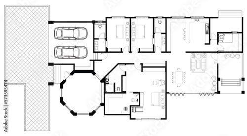 2D CAD house layout plan drawing with 3 large bedrooms and 2 small bedroom complete with 2 bathrooms, balcony, furniture, kitchen, living room porch and furniture. Drawing produced in black and white.