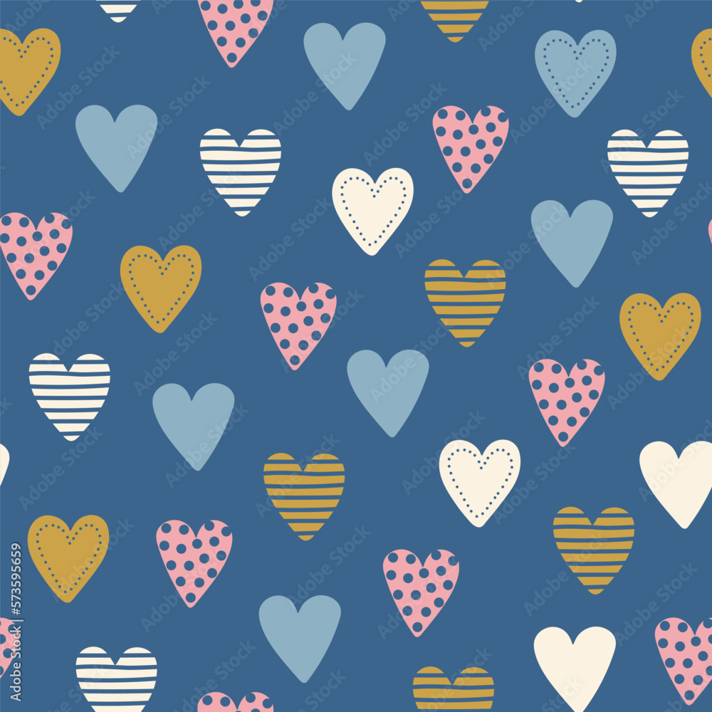 Seamless pattern with different hand drawn hearts. Spring color palette. Vector illustration. Seamless pattern with different hand drawn hearts. Spring color palette. Vector illustration.