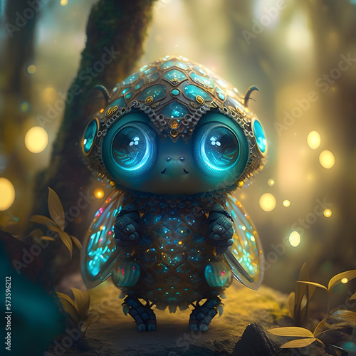 adorable little alien 👽 creature wearing ornate bejeweled hexagon honeycomb armor, kawaii, extremely cute, huge endearing eyes, magical mushroompunk forestpunk fantasy environment, fairy lights photo
