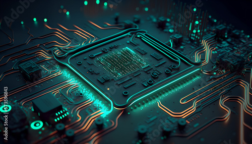 Circuit board with neon light. Digital futuristic illustration. Generative AI