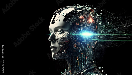 Cyber robot  woman, with glow on black background. Futuristic digital illustration. Generative AI
