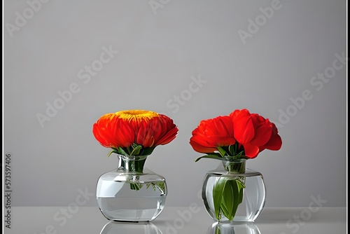 Two Flowers In A Vase With Water Inside Of It On A White Table Top With A Light Gray Wall In The Backround Of The Photo. Generative AI