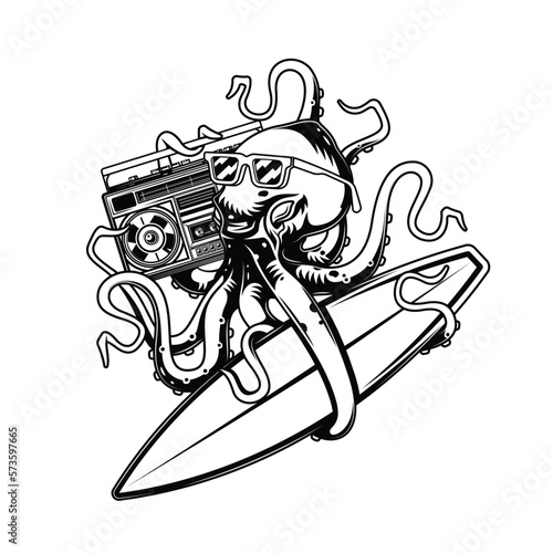 Original vector illustration in vintage octopus style with glasses with surfing and Boombox. T-shirt design, design element.