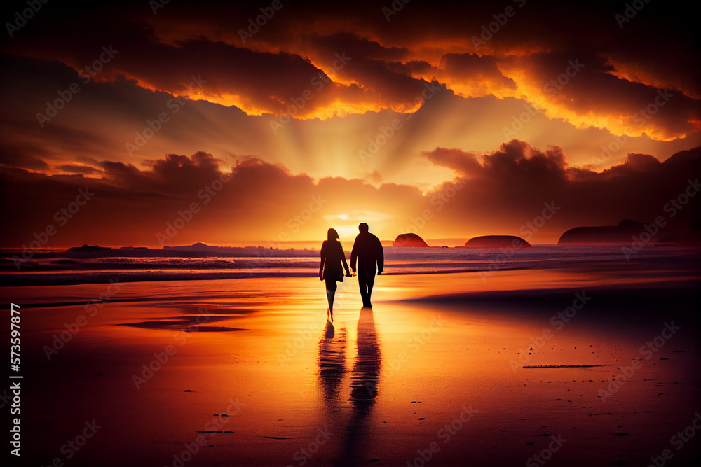 a couple in love waking on the beach at sunset