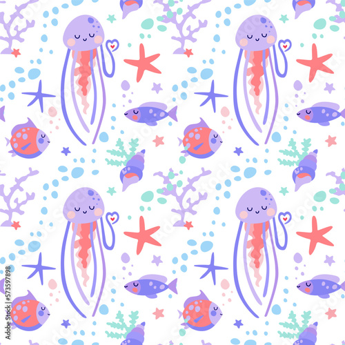 Pattern with cute jellyfish, fish and stars. Vector drawing isolated on white background for fabric or paper design.